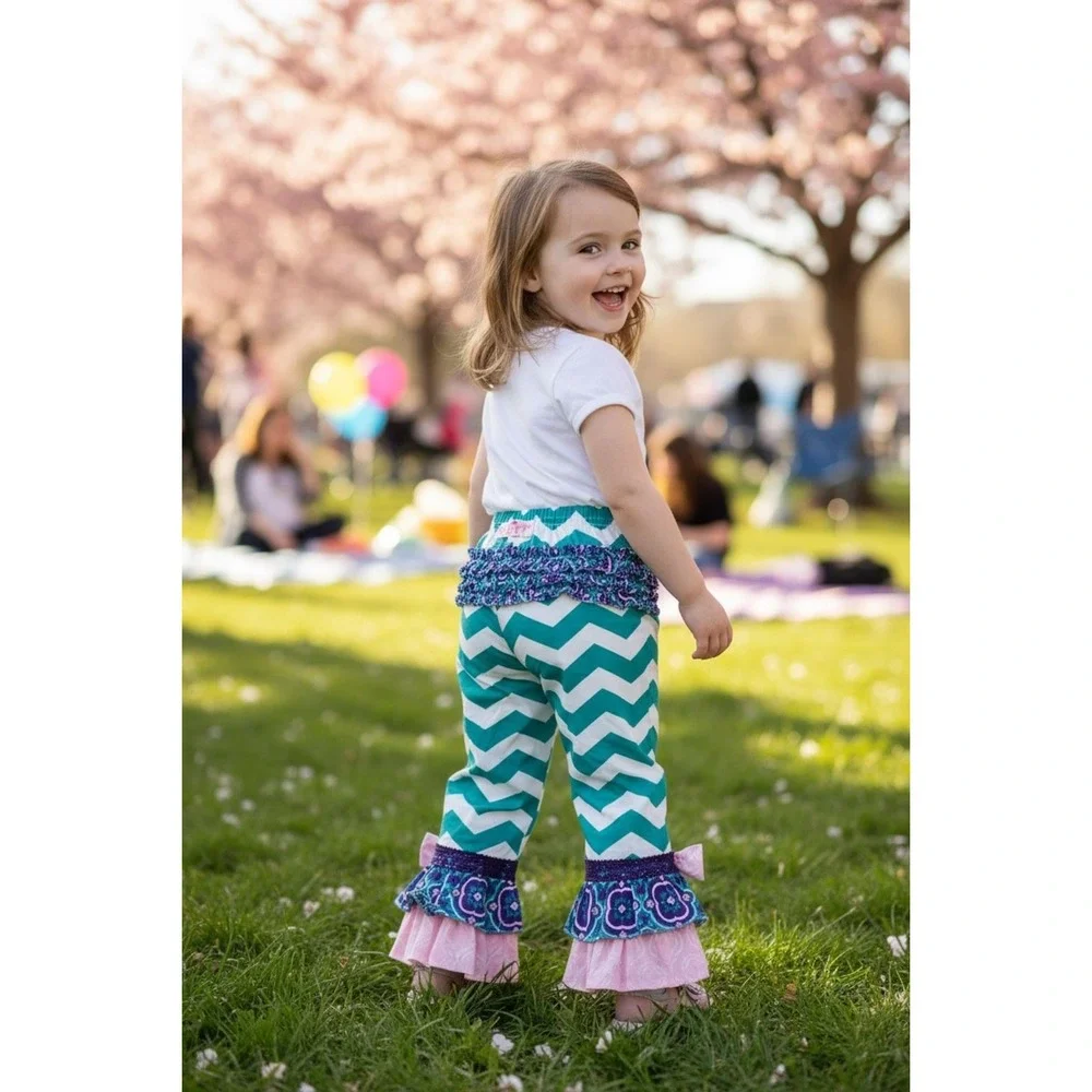 RuffleButts Girls' Chevron Ruffle Flare Pants Size 4T spring bright preppy NWT